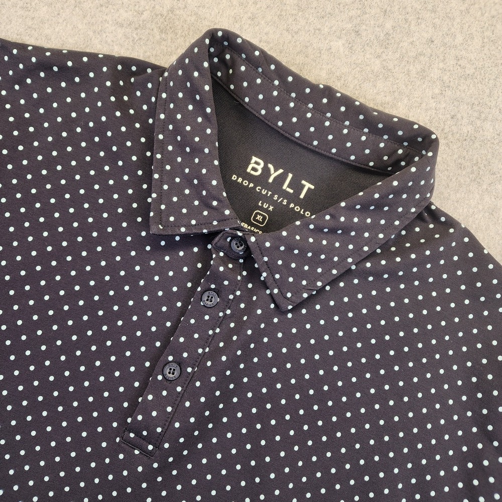 BYLT Lux Drop Cut Polo Shirt Mens XL Blue Polka Dot Performance Stretch